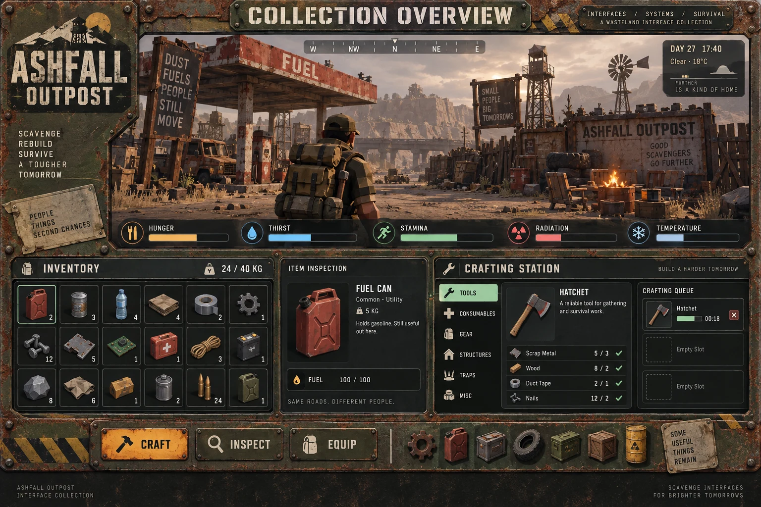 Ashfall Outpost collection overview with matching game screens and controls