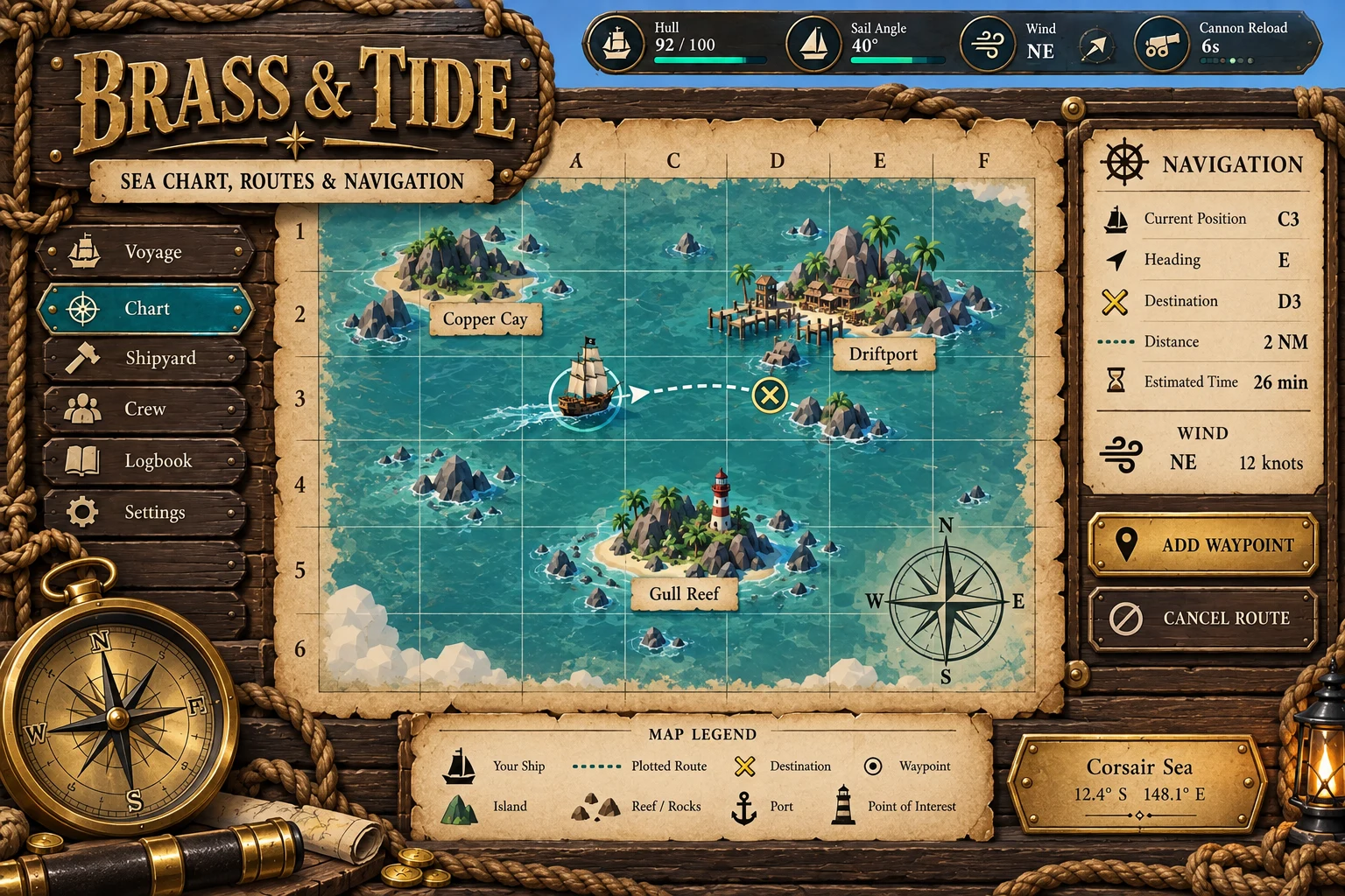 Brass & Tide · Sea chart concept screen