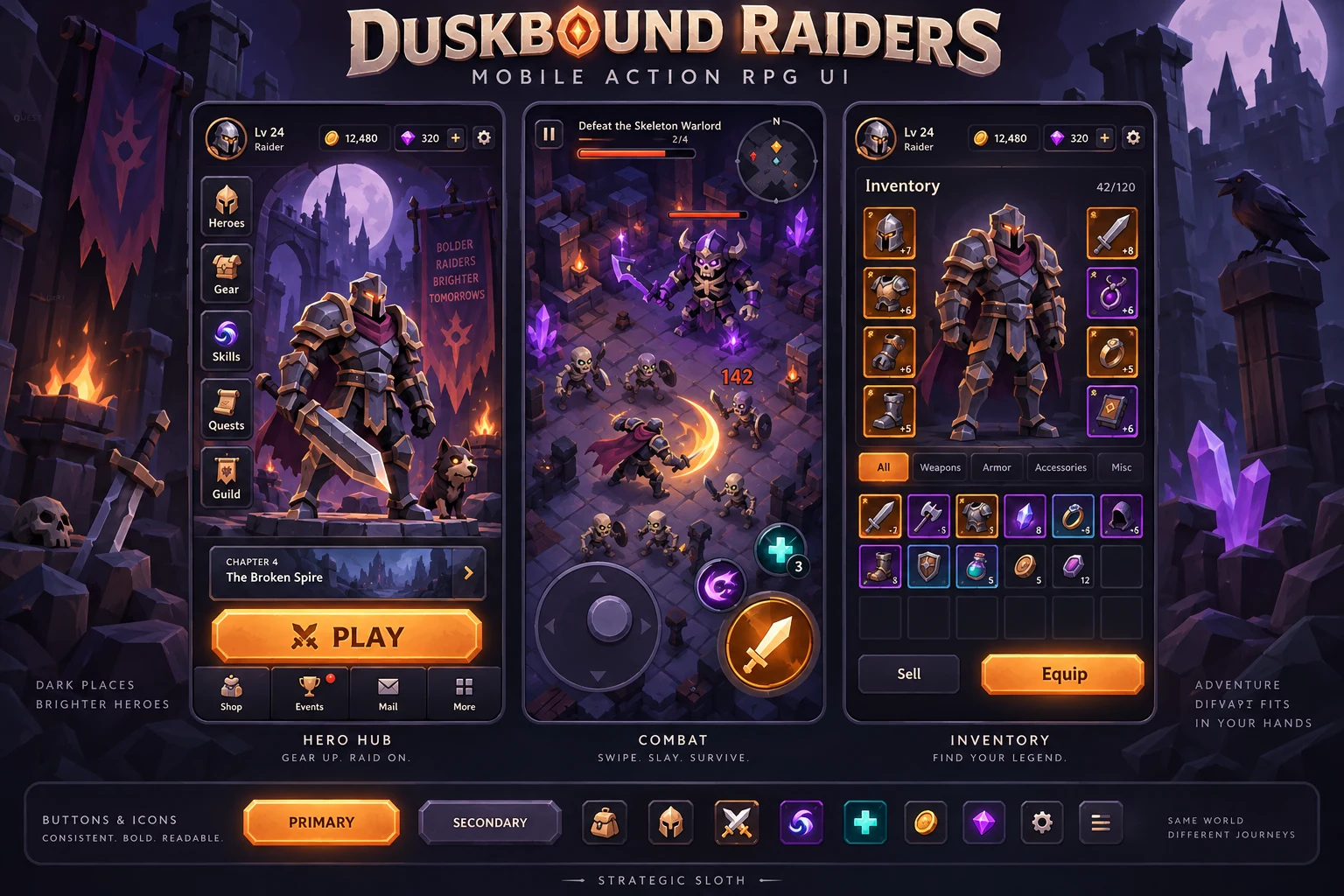Duskbound Raiders collection overview with matching game screens and controls