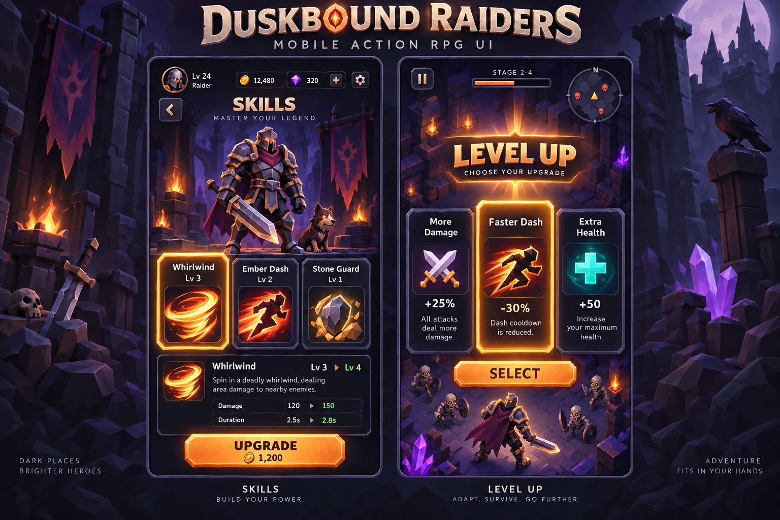 Duskbound Raiders · Skills concept screen