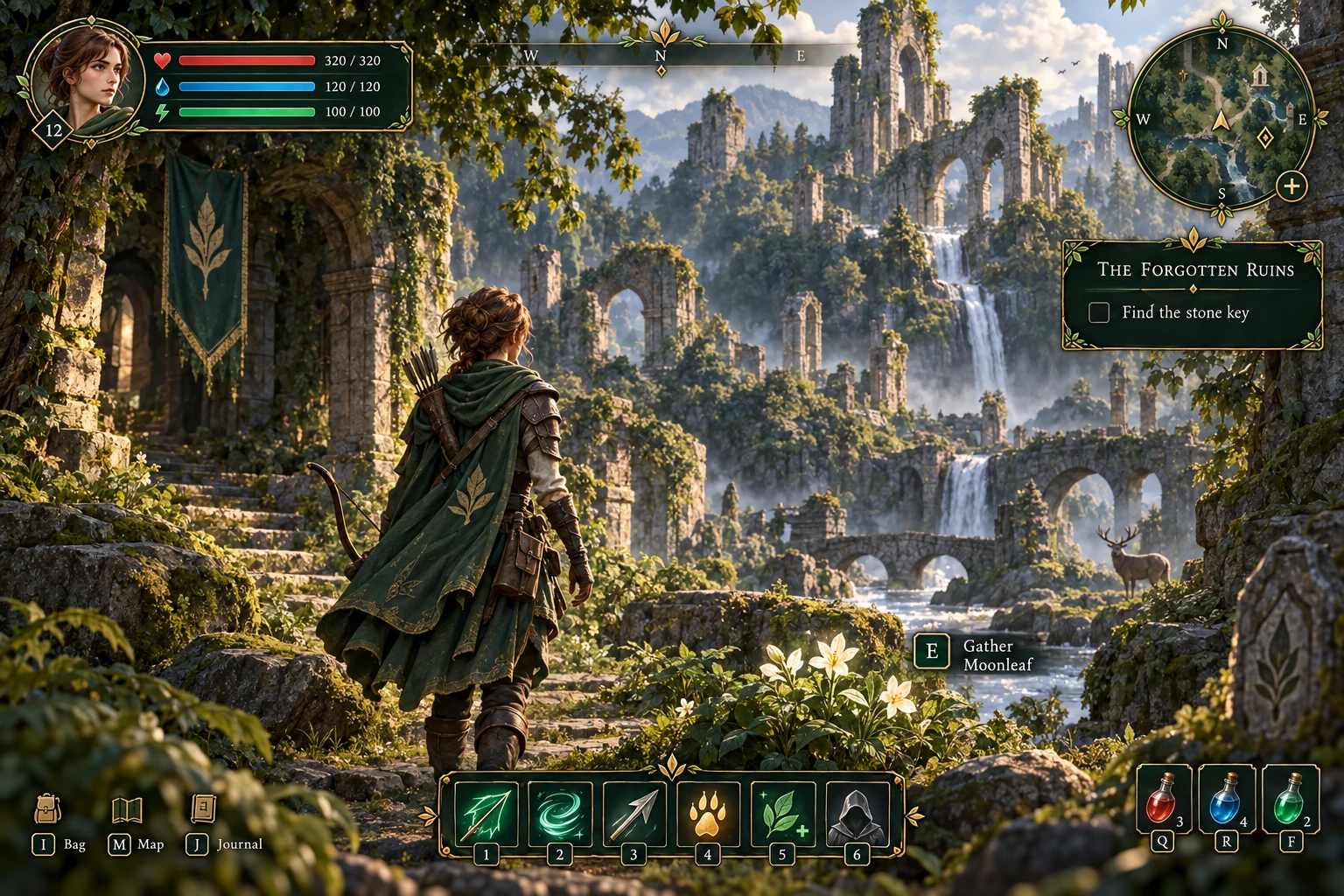 Fantasy adventure HUD over a ruined forest city