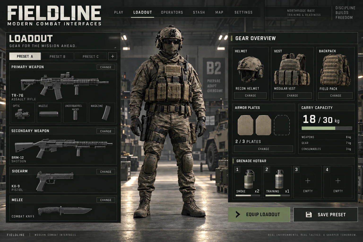 Fieldline · Loadout concept screen