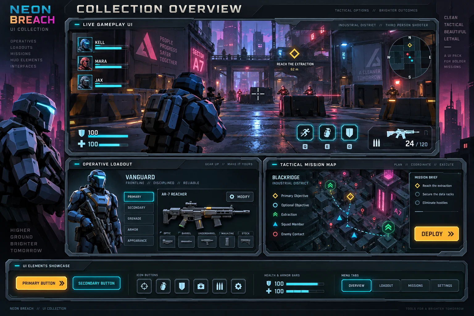 Neon Breach collection overview with matching game screens and controls