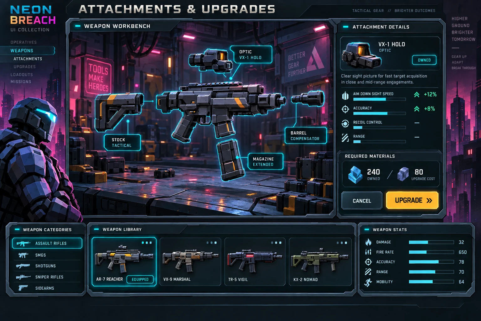 Neon Breach · Gunsmith concept screen