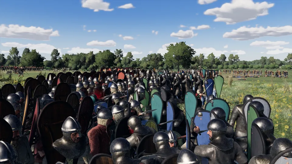 Helmeted soldiers pressing forward behind kite shields