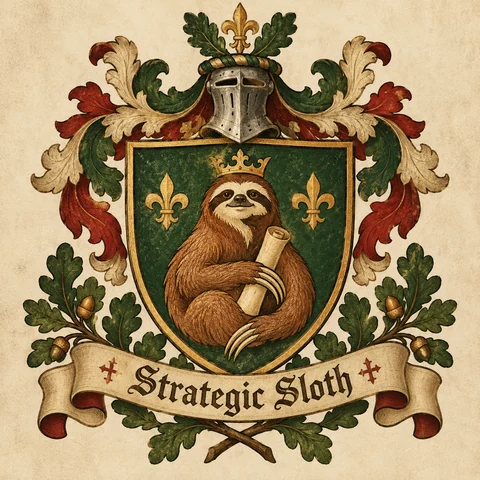 The arms of Strategic Sloth: a crowned sloth holding a scroll on a green shield, with oak leaves and a banner reading Strategic Sloth