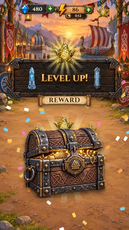 Finish a scene to level up and open the chest.