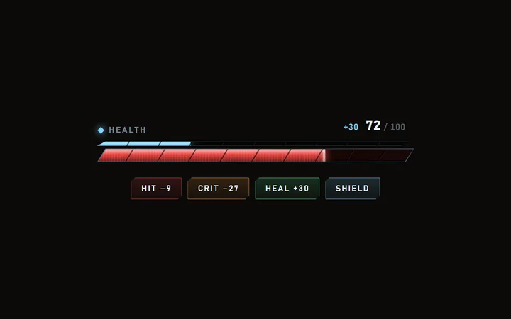 Health bar component: damage, crit, heal and shield