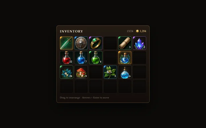 Inventory grid component: drag to rearrange, stack counts