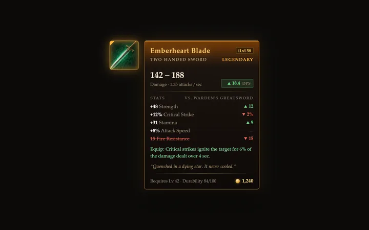 Item tooltip component: stats compared with equipped