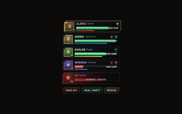 Party frames component: health, buffs and downed state