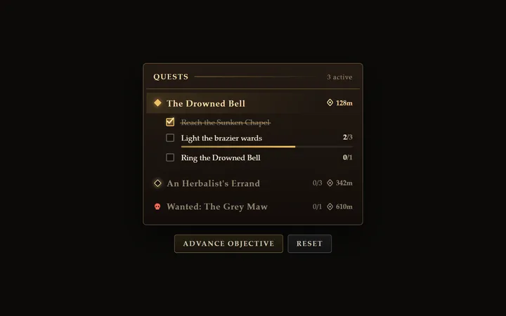 Quest tracker component: objectives that check off
