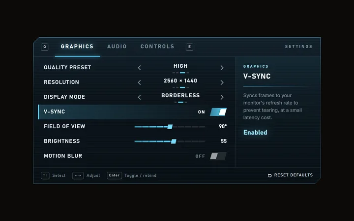 Settings panel component: tabs, sliders and key hints