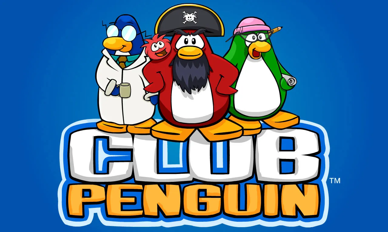 Club Penguin characters Gary, Rockhopper and Aunt Arctic standing on the Club Penguin logo