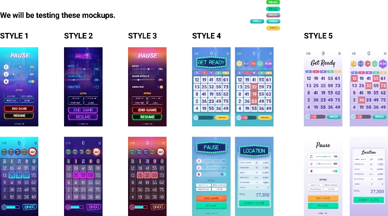 Figma canvas for Cash Bingo: Five visual styles of the same screens for Clipwire Games.
