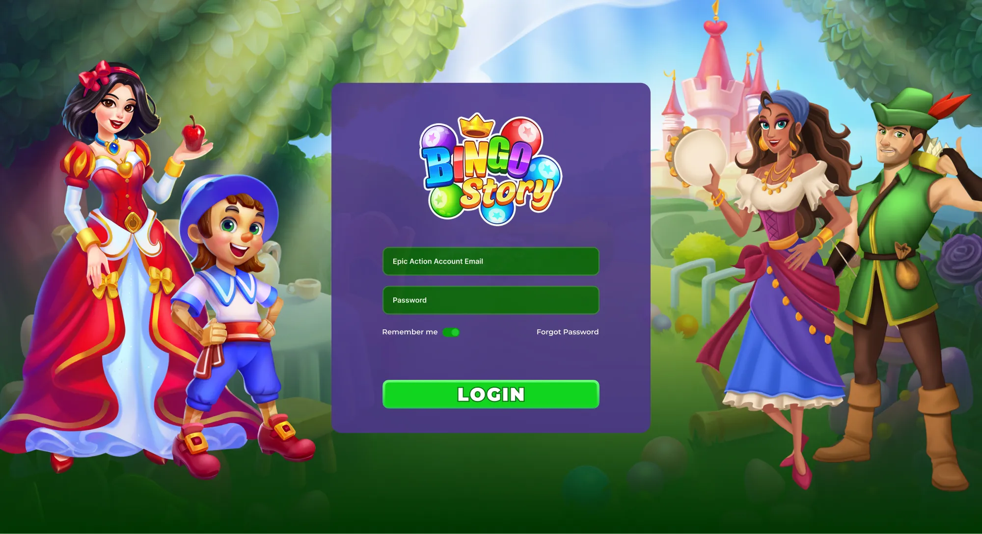 Bingo Story: Login. The sign-in screen in the game’s own art.