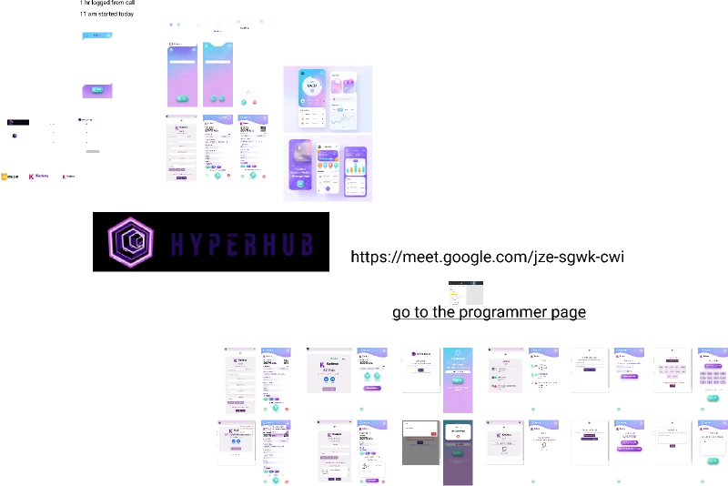 Figma canvas for HyperHub: A mobile product’s screens and their order.