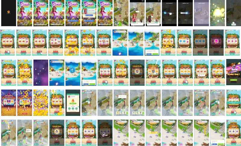 FigJam canvas for Spin a Spell: Captures of the live game sorted into rows.