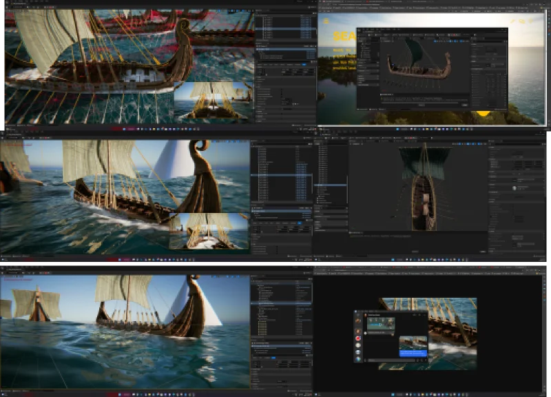 Figma canvas for Viking ship scene: Editor and viewport captures of a ship scene.