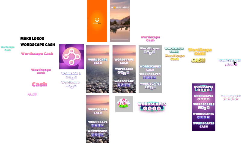 Figma canvas for Wordscapes Cash: Wordmark options beside the screens they sit on.