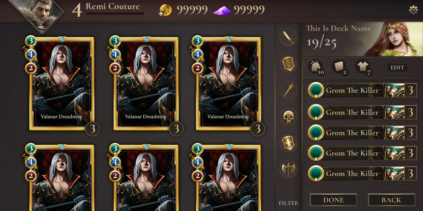 Deck builder with a card grid and the current deck list