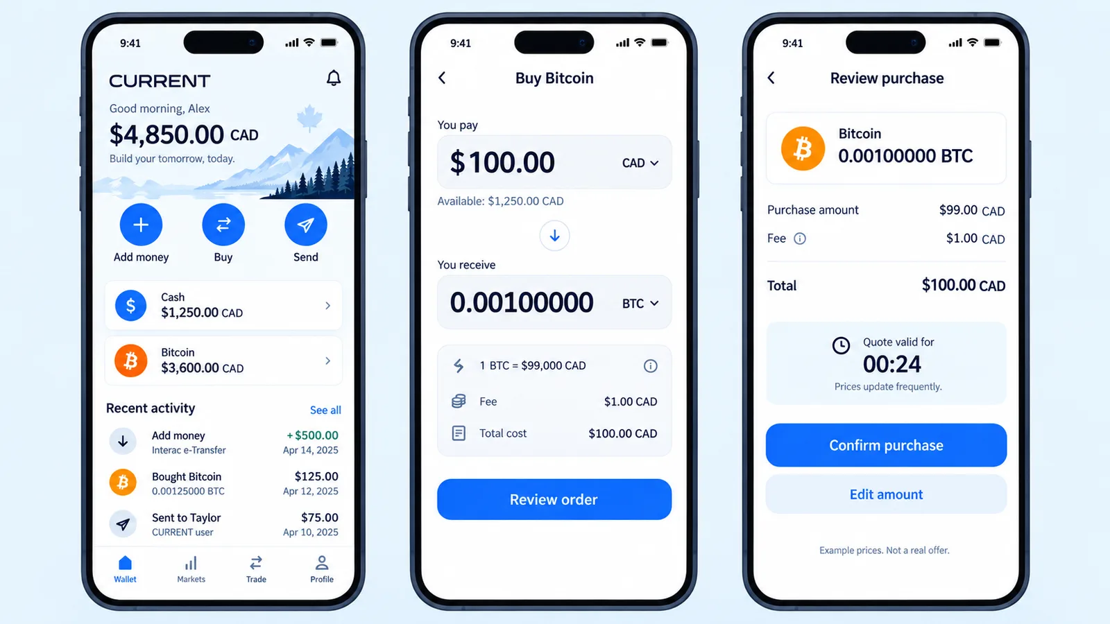 Three phone screens of a wallet: balance, buy flow and purchase review