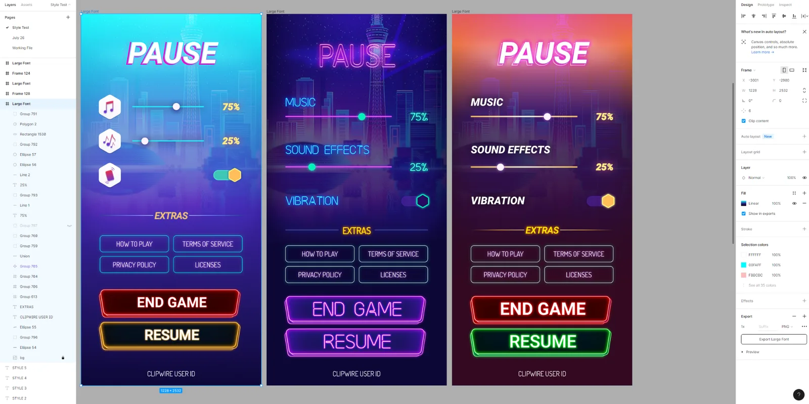 Three styles of the same pause menu side by side