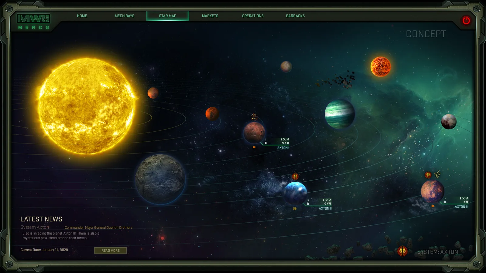 Star map with planets, travel routes and a news panel