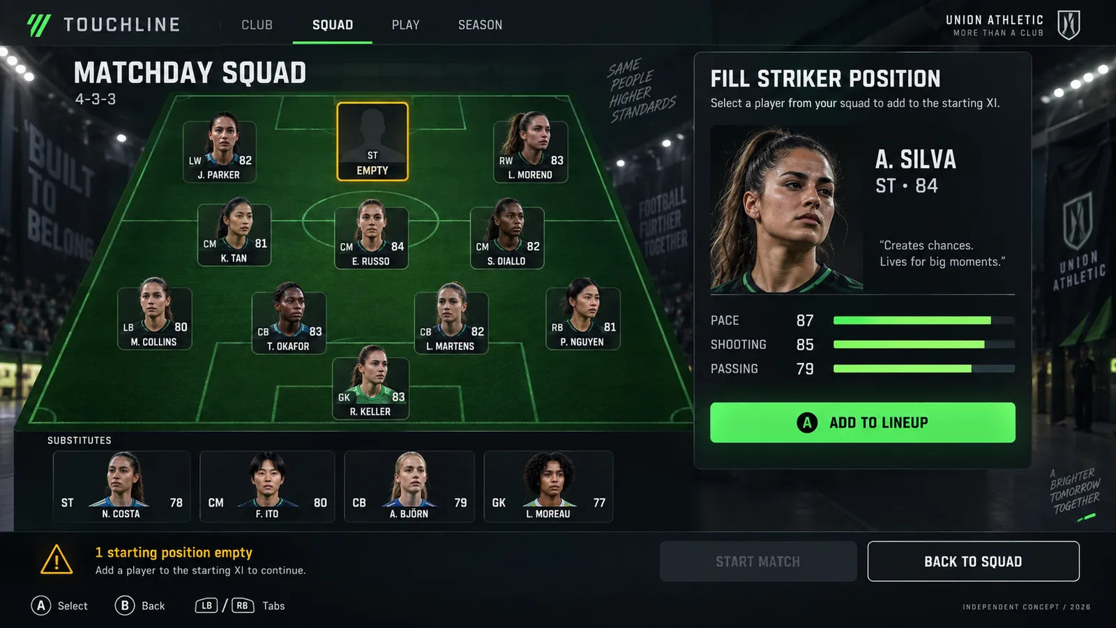 Soccer squad screen with a formation and an empty striker slot
