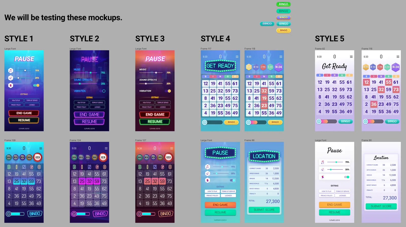 Five visual styles of the same mobile screens laid out for comparison