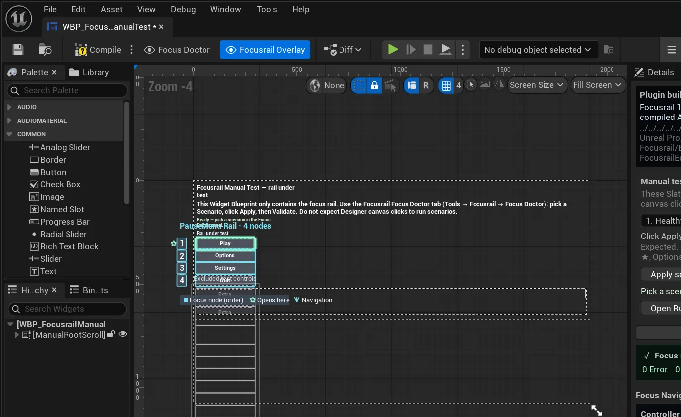 Unreal Engine widget blueprint editor with a numbered focus rail