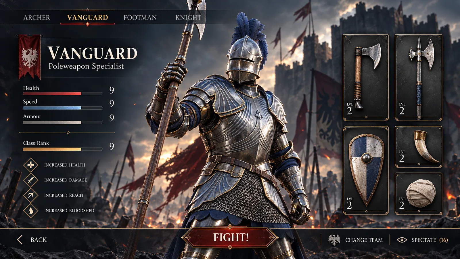 The original medieval class-selection concept, with repeated ratings of nine and unlabelled equipment cards