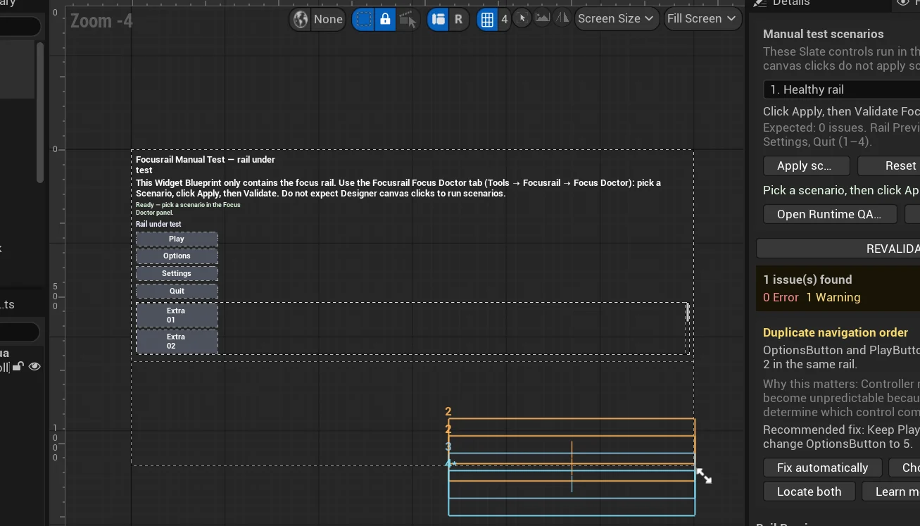 Unreal Engine designer with a validation panel reporting a navigation warning