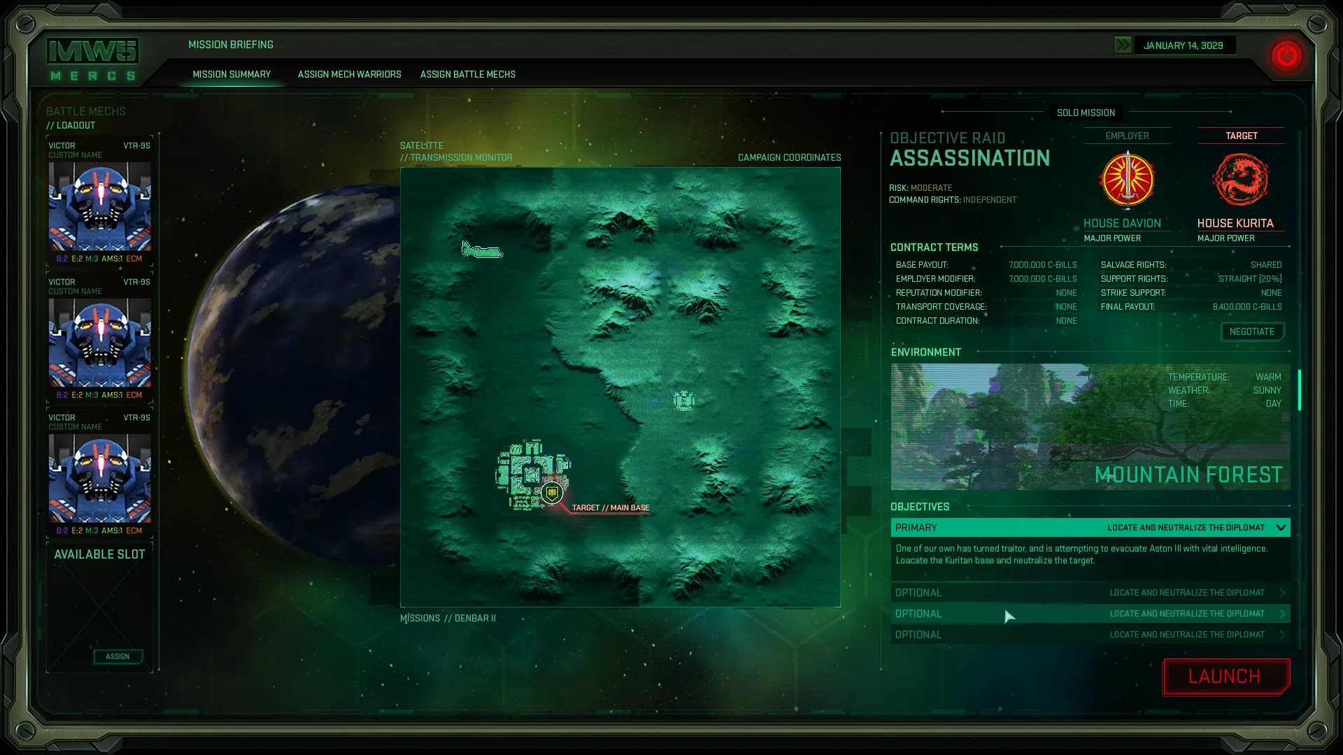 Mission briefing with terrain, objectives and contract terms