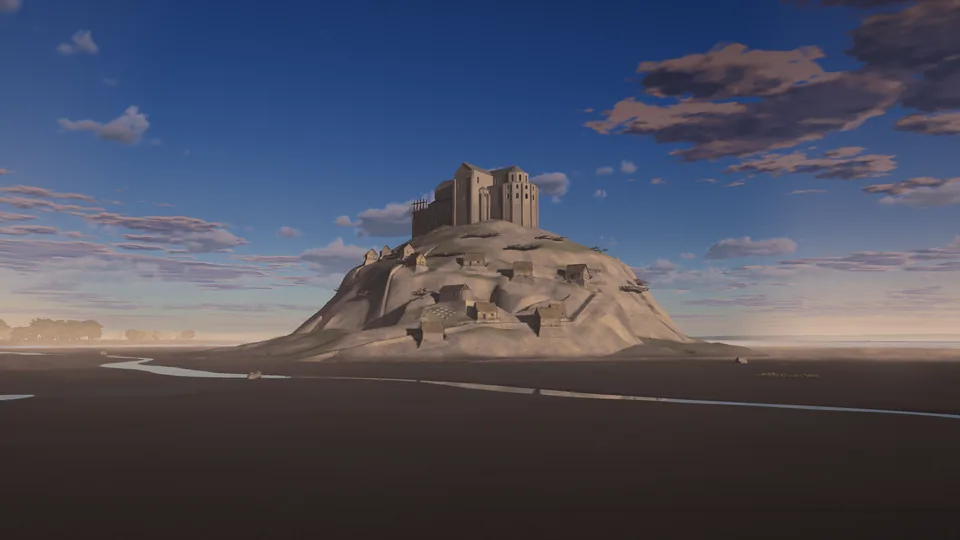 A stone abbey on a tidal island at dawn