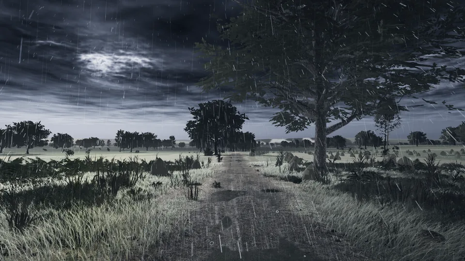 Rain sweeping over a country lane under a storm sky