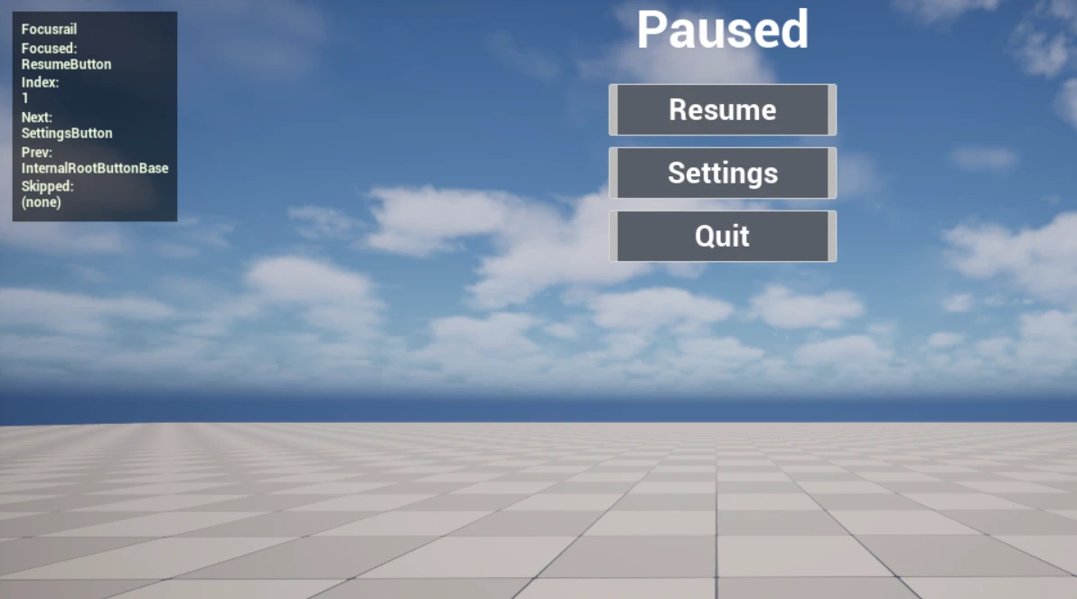 Focusrail running pause menu with Resume focused and a debug overlay showing its index, next and previous targets