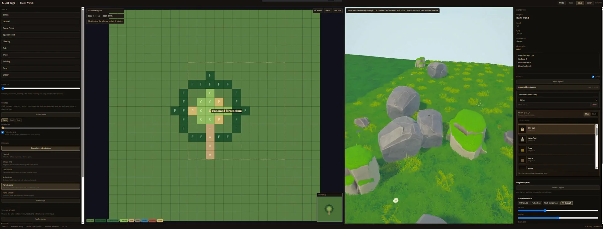 Actual World Editor development UI with a cell grid beside generated terrain