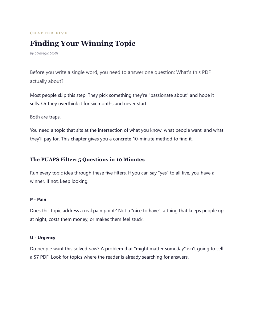 An actual page from Finding Your Winning Topic, chapter five of Don’t Do Anything