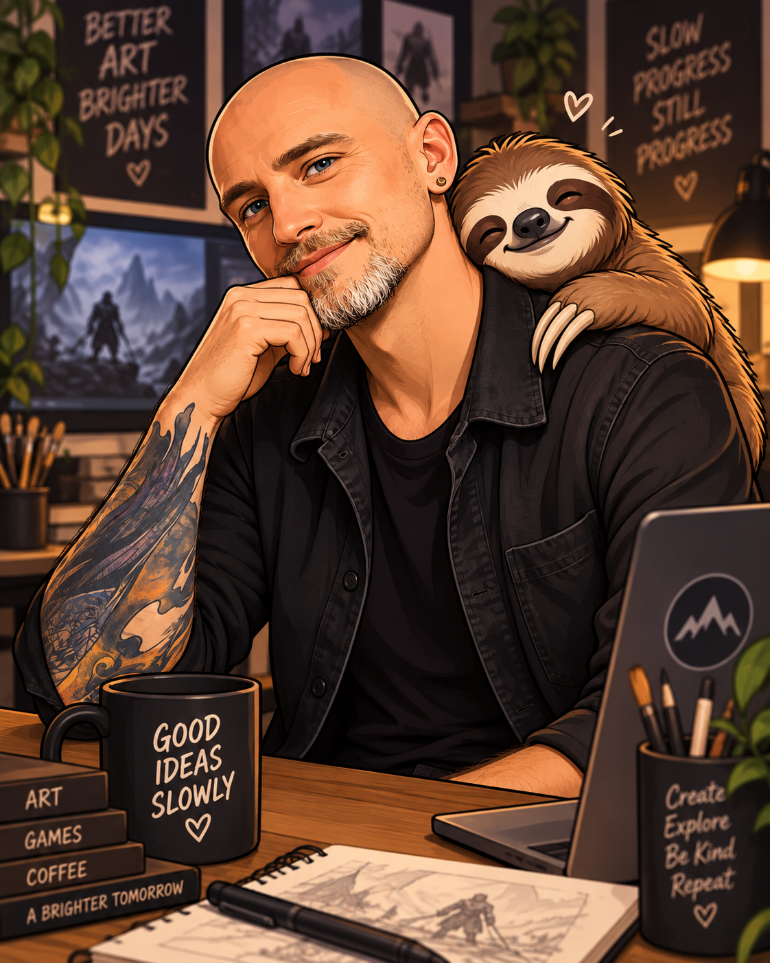Remi Couture, founder and designer at Strategic Sloth, illustrated with a sloth on his shoulder