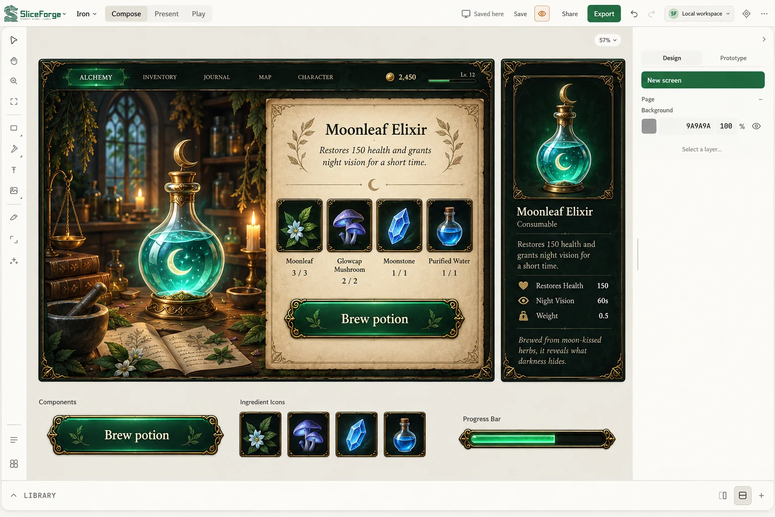 SliceForge editor with an editable fantasy game interface
