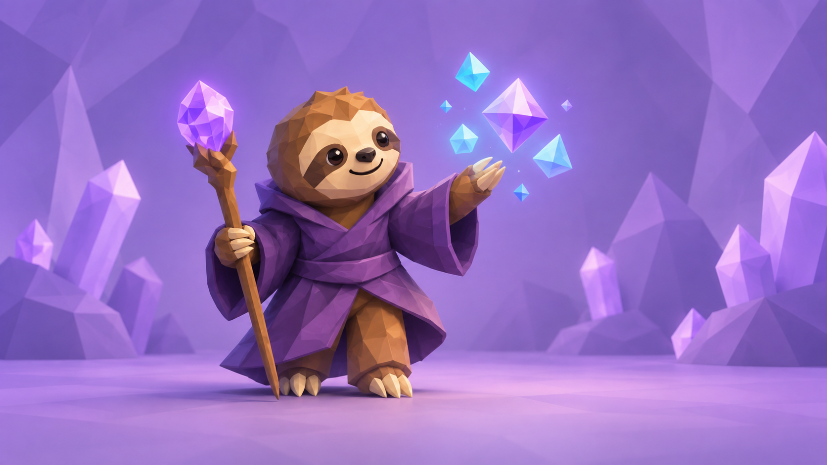 Strategic Sloth mascot as a crystal guide in a lavender low-poly landscape
