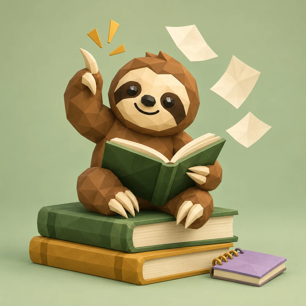Our sloth having a bright idea while reading, perched on a stack of books.