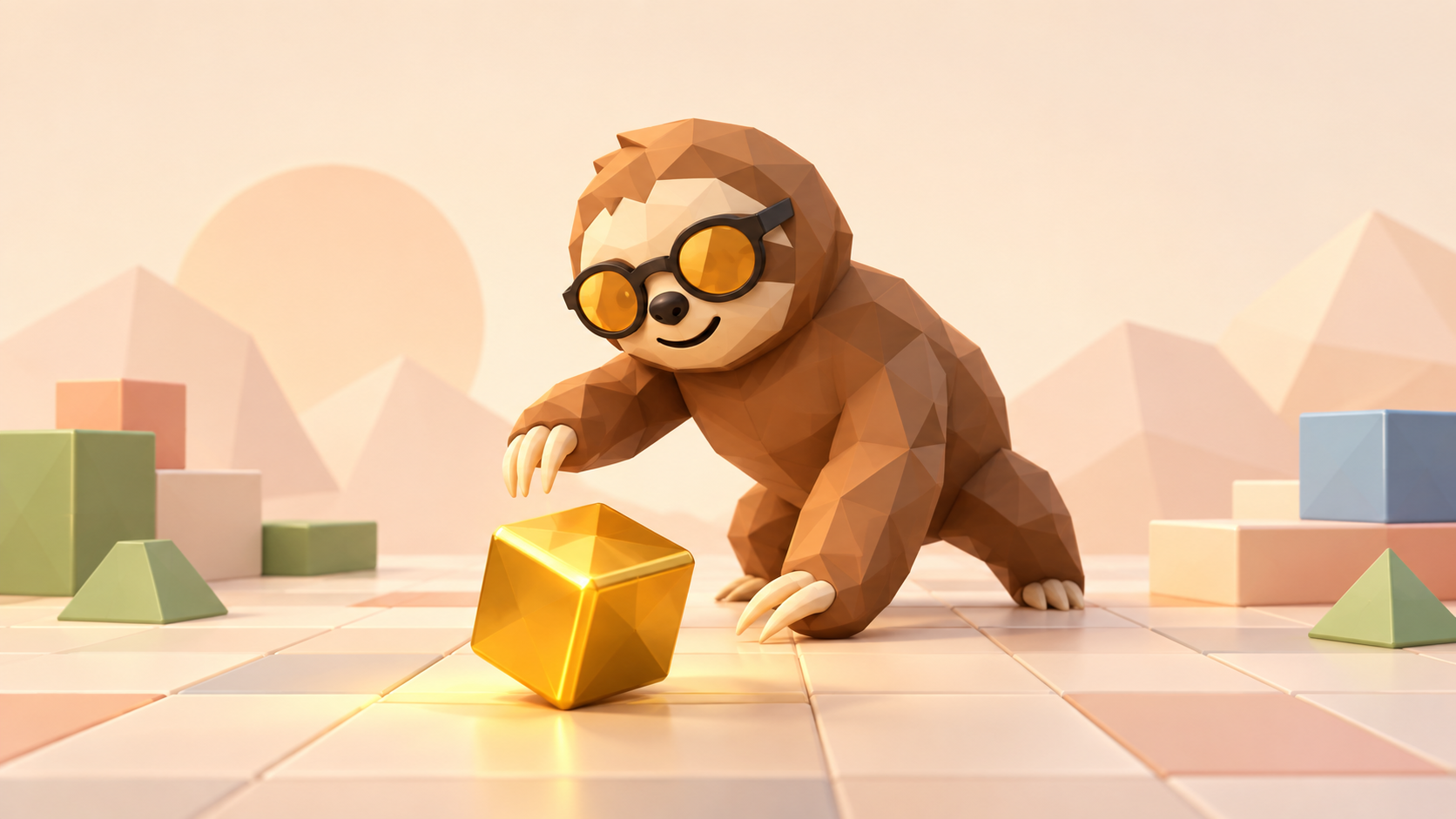 Strategic Sloth mascot guiding a glowing golden cube in a warm low-poly landscape