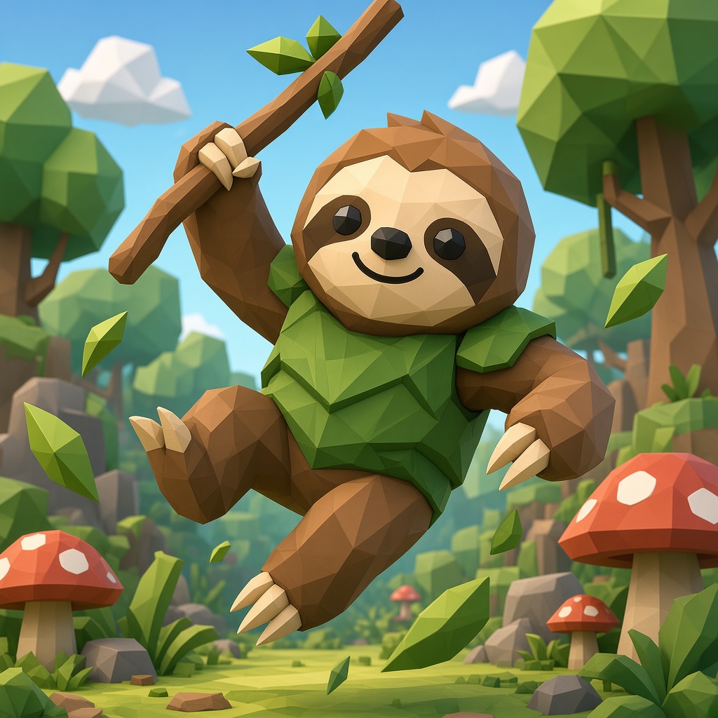 Our glasses-free sloth mascot swinging through a low-poly forest