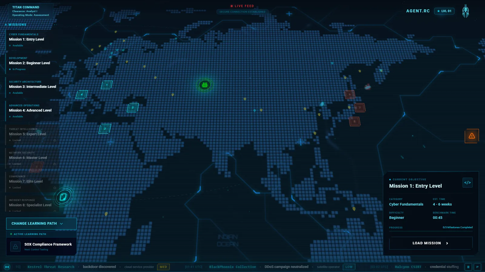 Mission control with a mission list beside a world map of numbered markers