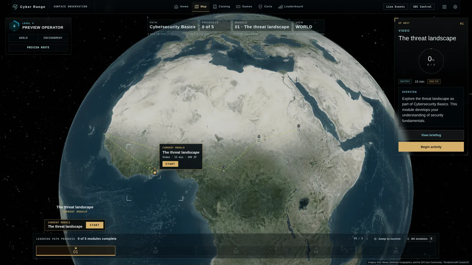Globe view of the training world with the first module pinned on the map and a next-up panel showing The threat landscape.