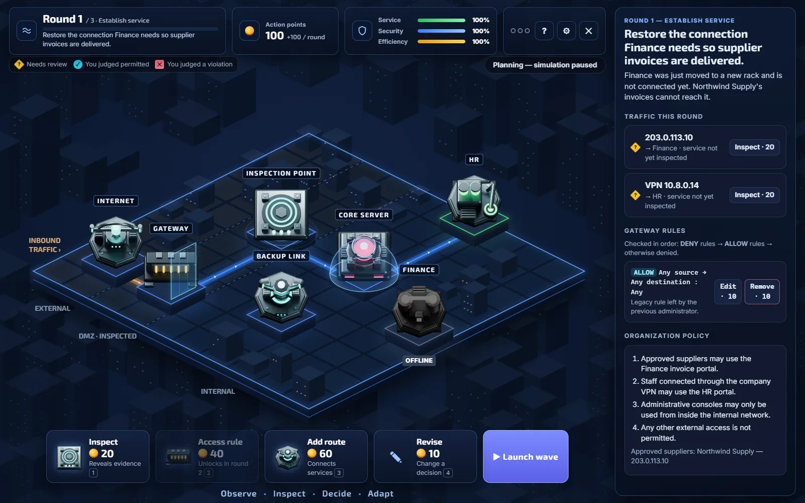 Network Defense gameplay: an isometric network with a gateway, inspection point, core server, and Finance connection to restore.
