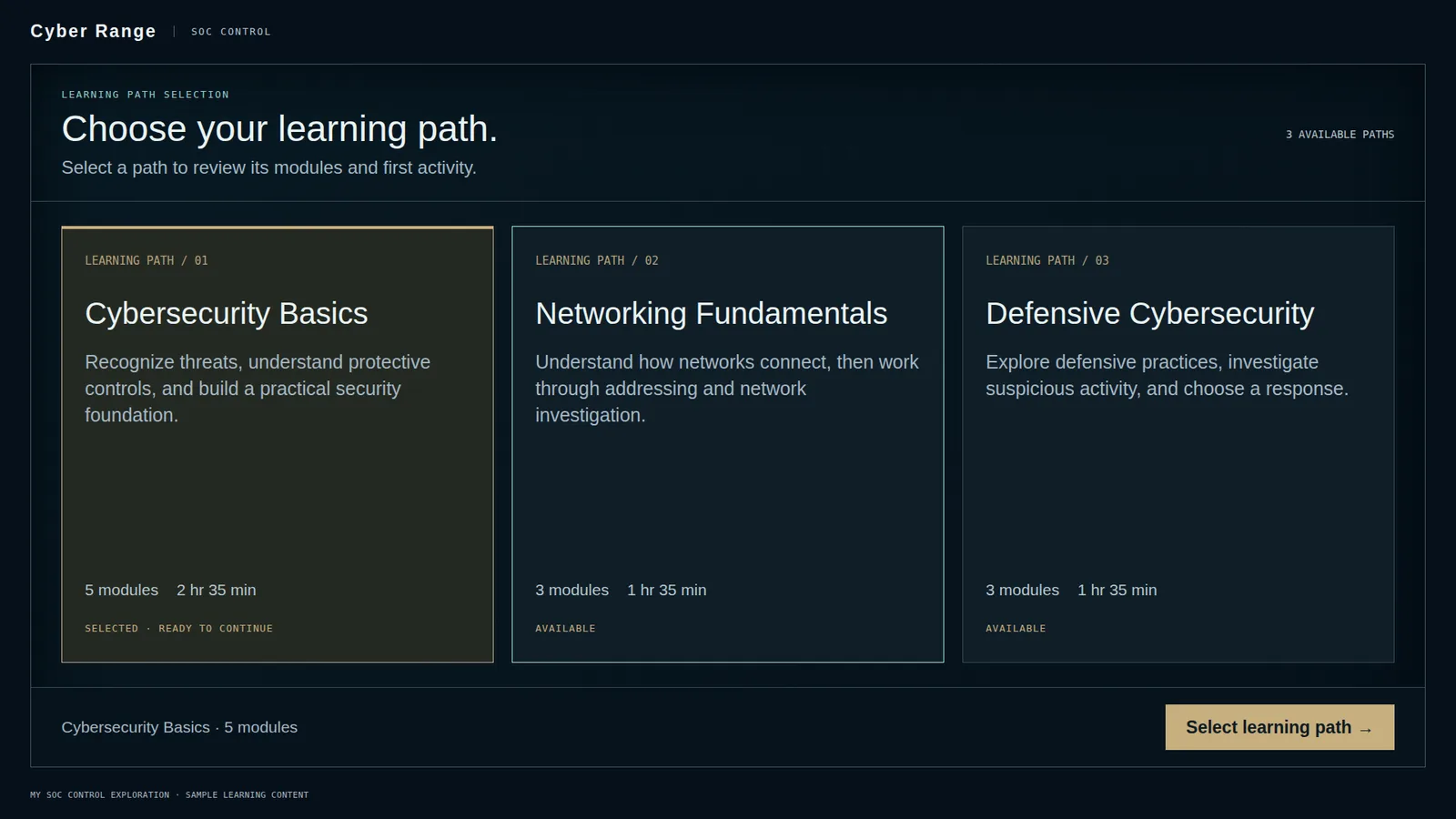 Learning path picker showing three paths with module count and time